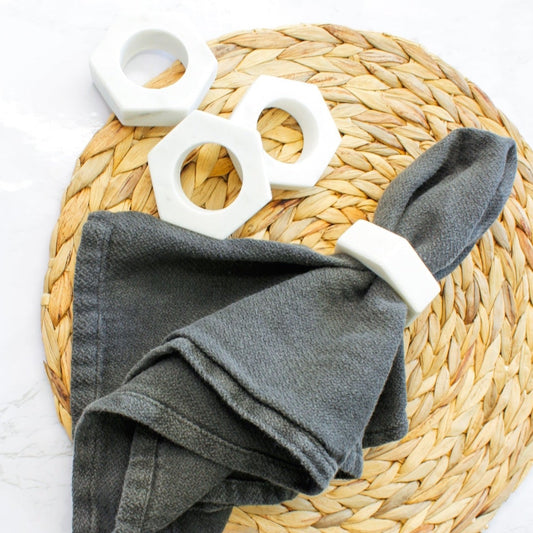 White Marble Hexagon Napkin Rings - Set of 4